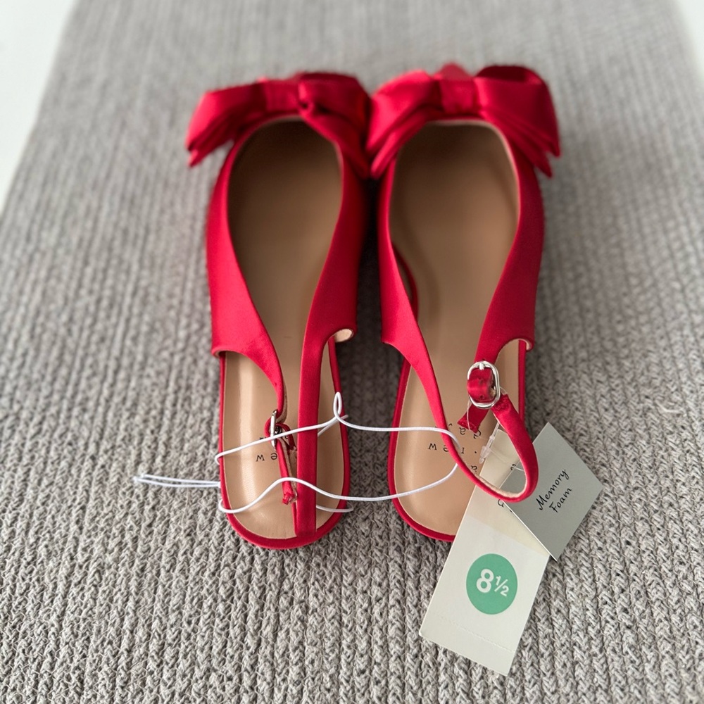 A New Day Red Satin Slingback Bow Detail Pointed Toe Flats Dress Shoes Sz 8.5 - Picture 4 of 5